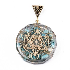 Pendentifs alchimie en résine époxy transparente, avec puce turquoise naturelle, une feuille d'or, plat et circulaire avec étoile de david