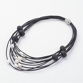 Cowhide Leather Cord Multi Layered Necklaces, with Natural Freshwater Pearl Beads, Lava Rock Beads and Brass Polymer Clay Rhinestone Magnetic Clasps