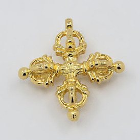 Real 18K Gold Plated Brass Buddhist Pendants, Buddha Jewelry Findings, Dorje Vajra Pendants, 25x24x8mm, Hole: 1mm