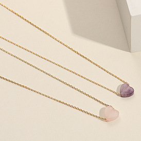 Natural Stone Heart Pendant Necklace for Women - Simple and Elegant Amethyst Collarbone Chain