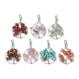 Tree of Life Wire Wrapped Natural Mixed Gemstone Pendant Decorations, Lobster Claw Clasps Ornaments for Bag Key Chain