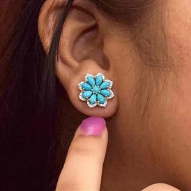 Bohemian Vintage Turquoise Earrings - Snowflake Diamond Silver Jewelry