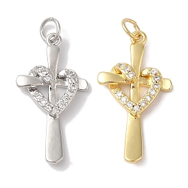 Rack Plating Brass & Clear Cubic Zirconia Pendants, Cadmium Free & Lead Free, Long-Lasting Plated, Cross Heart, with Jump Ring