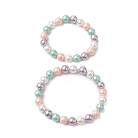 2Pcs Mother's Day 8mm Round Polished Shell Pearl Jewelry, Mother and Daughter Stretch Bracelets Sets