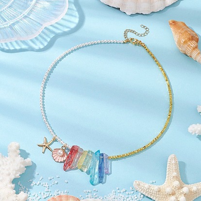 Ожерелья из бусин из натурального кварцевого кристалла с трещинками, окрашенного и гальванизированного, немагнитного синтетического гематита, ожерелья с подвесками в форме ракушки из сплава и нержавеющей стали, золотые