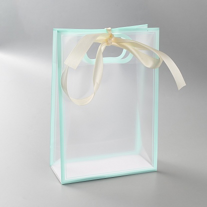 Rectangle Plastic Packaging Gift Bags with Hole Handle and Silk Ribbon, Rectangle