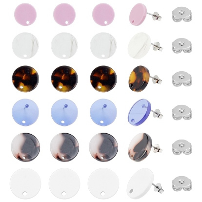 Cellulose Acetate(Resin) Ear Stud Findings, with Iron Pin with Brass Ear Nuts, Flat Round
