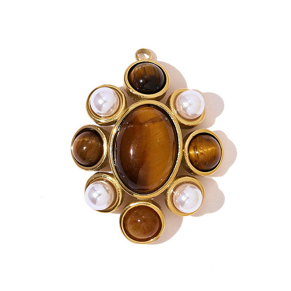 304 подвески из натурального тигрового глаза из нержавеющей стали, с ABS имитации жемчуга, , ионное покрытие (ip), реальный 18 k позолоченный