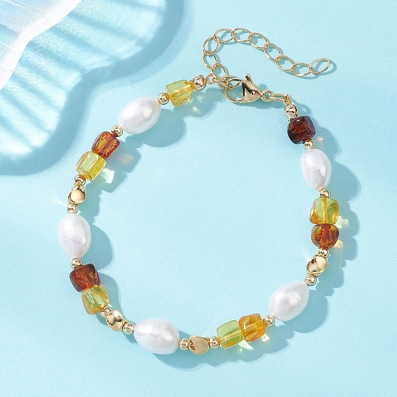 Браслеты из натурального янтаря и культивированного пресноводного жемчуга для женщин, самородки, с латунным