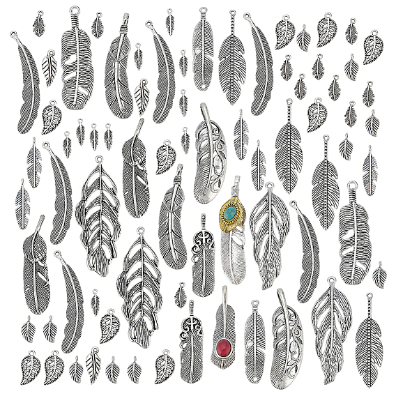 96Pcs Tibetan Style Alloy Pendants, Feather Charms