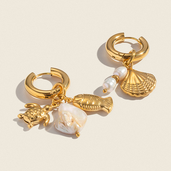 Серьги-кольца из нержавеющей стали в форме ракушки и черепахи, слева и справа, с имитацией жемчуга и драгоценных камней