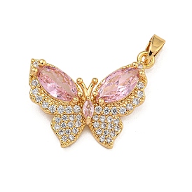 Rack Plating Brass Micro Pave Cubic Zirconia Pendants, Long-Lasting Plated, Butterfly