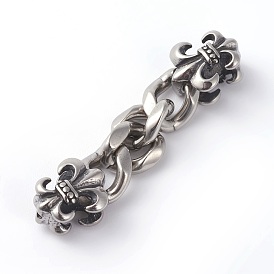 304 Stainless Steel Links Connectors, with Stainless Steel Color Curb Chains, Fleur De Lis, Smooth Surface