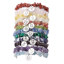 Natural Gemstone Stretch Bracelets, with 304 Stainless Steel Pendants, Flat Round