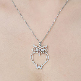 201 Stainless Steel Hollow Owl Pendant Necklace