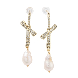 Natural Pearl Dangle Stud Earrings, with Brass Glass Findings and 925 Sterling Silver Pins, Bowknot with Teardrop