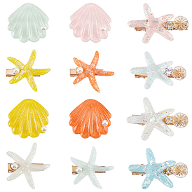 PandaHall Elite 5Pcs 5 Color Iron Alligator Hair Clips Set, with Resin Cabochons, Starfish & Shell