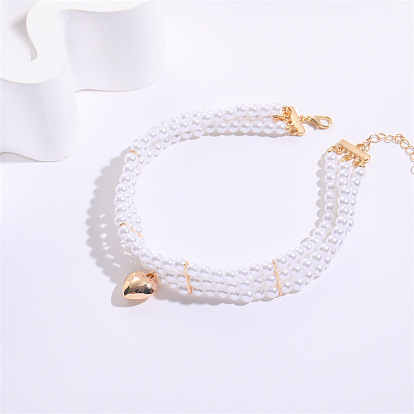 Handmade Triple Strand Pearl Necklace Set with Heart Lock Pendant - European and American Style Jewelry for Women