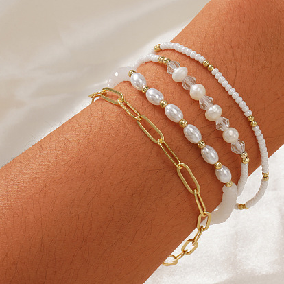 4шт. 4 стили модные пластиковые браслеты из искусственного жемчуга, натурального пресноводного жемчуга и стеклянных бусин, эластичные, 304 браслеты из нержавеющей стали, для женщин