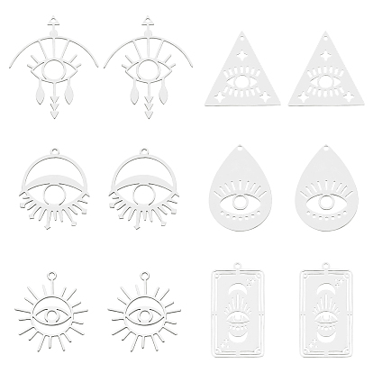 12Pcs 6 Style 201 Stainless Steel Pendants, Laser Cut, Triangle & Teardrop & Rectangle & Eye