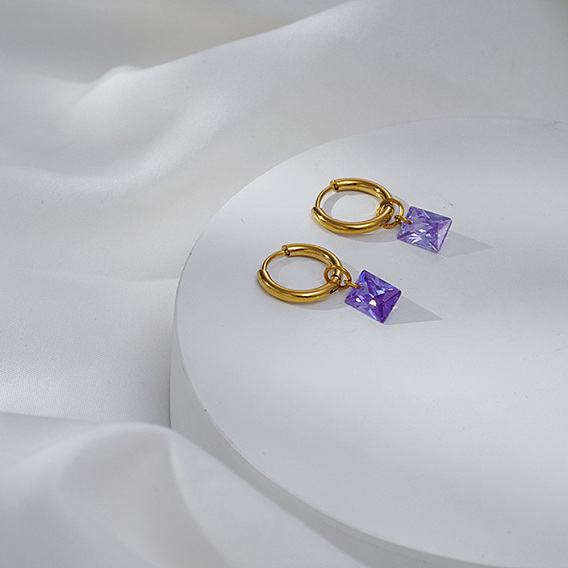 Элегантные прямоугольные серьги-кольца из нержавеющей стали с фиолетовым кубическим цирконием