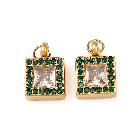 304 подвески из нержавеющей стали с прозрачными кубическими цирконами и изумрудными стразами, квадратных амулеты, ионное покрытие (ip), с целью перехода в кольце