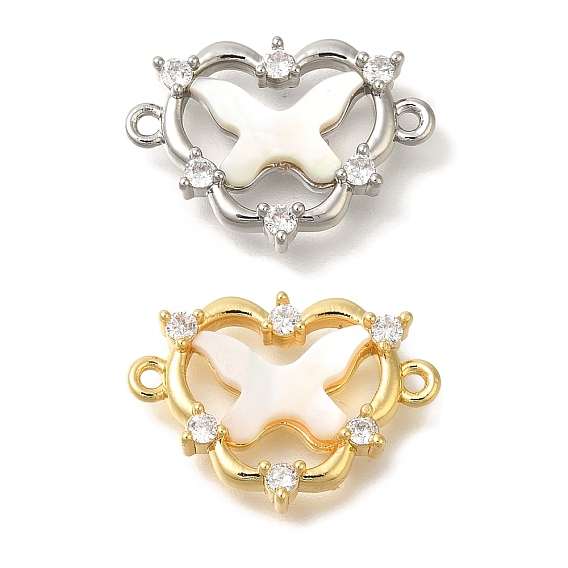 Звенья из латуни с прозрачным кубическим цирконием в форме сердца, подвески-соединители в виде бабочек из натуральной ракушки
