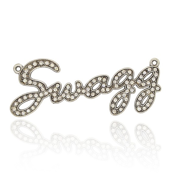 Connecteurs de liens de strass d'alliage d'argent antique, pendentifs, mot swagg, 84x34x2mm, Trou: 2.5mm