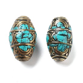 Handmade Tibetan Style Beads, with Brass Findings and Synthetic Turquoise, Barrel