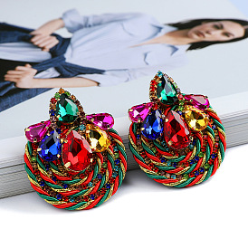 Handmade Ethnic Style Crystal Round Earrings with Colorful Woven Cord Jewelry