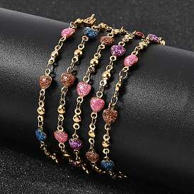 304 Браслеты из нержавеющей стали с звеньями из смолы для женщин, сердце, с блеском порошок, вакуумное покрытие pvd, долговечный