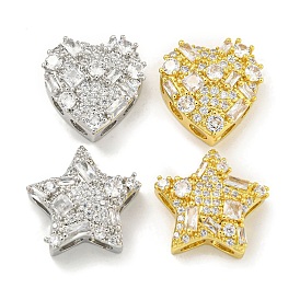 Rack Plating Brass Micro Pave Clear Cubic Zirconia Slide Charms, Long-Lasting Plated, Cadmium Free & Lead Free, Star/Heart