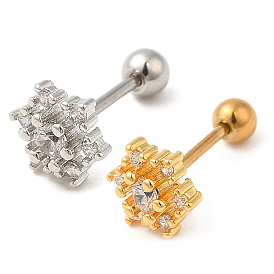 Brass Micro Pave Clear Cubic Zirconia Stud Earrings, with 316 Stainless Steel Pin and Ear Nut, Snowflake