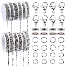 32M 12 Styles 304 Stainless Steel Cable Chains, Unwelded, Flat Oval, with 200Pcs Jump Ring, 30Pcs Lobster Claw Clasps, 10Pcs Ball Chain Connectors and 12Pcs Empty Spools