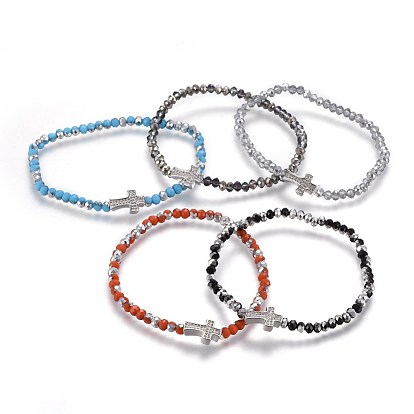 Bracelets élastiques à facettes en verre perlé, avec micro en laiton paver perles cubes de zircone, croix