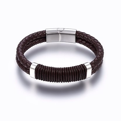 Кожаные браслеты плетеного шнура, 304 магнитная застежка из нержавеющей стали, прямоугольные