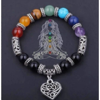 Natural Mixed Gemstone Beaded Stretch Bracelets, with Heart Charms