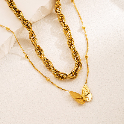 Butterfly Necklace and Wave Bracelet Set, Minimalist Hip-hop Style in Titanium Gold Plated Stainless Steel.