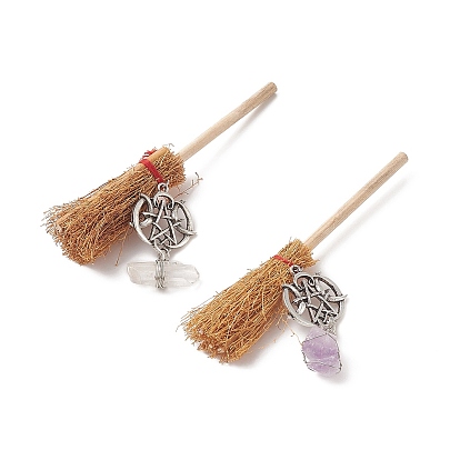 Halloween Wood Mini Broom Witches Broomstick Straw Broom Home Decorations, with Rough Raw Natural Gemstone Beads and Alloy Pendants