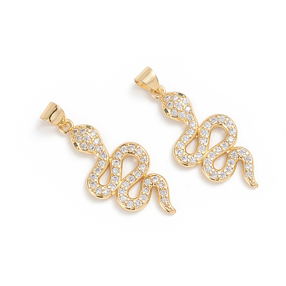 Brass Micro Pave Cubic Zirconia Pendants, Long-Lasting Plated, Snake