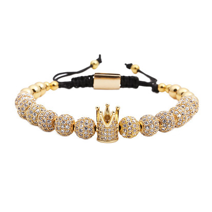 Sparkling Crown Charm Handmade Braided Bracelet with Micro-set Zirconia and 8mm Diamond Ball Beads
