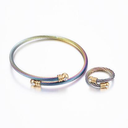 Trendy 304 Stainless Steel Torque Bangles & Rings Sets, with Rhinestone