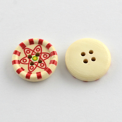 4-Hole Printed Wooden Buttons, Flat Round, 20x5mm, Hole: 2mm