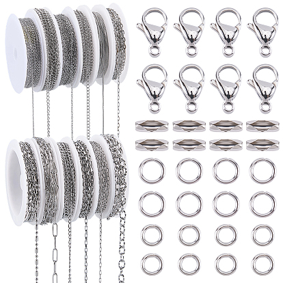 32M 12 Styles 304 Stainless Steel Cable Chains, Unwelded, Flat Oval, with 200Pcs Jump Ring, 30Pcs Lobster Claw Clasps, 10Pcs Ball Chain Connectors and 12Pcs Empty Spools