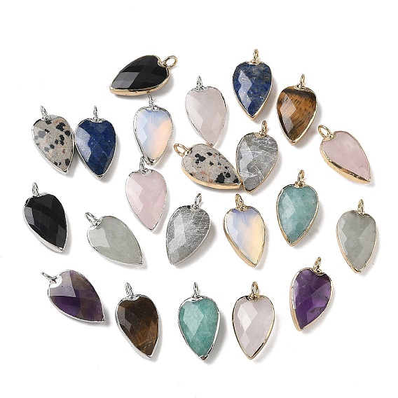 Natural & Synthetic Gemstone Pendants, with Golden Plated Brass Edge Loops, Faceted, Heart Charms