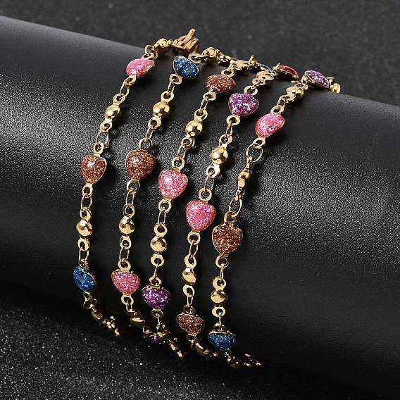 304 Браслеты из нержавеющей стали с звеньями из смолы для женщин, сердце, с блеском порошок, вакуумное покрытие pvd, долговечный