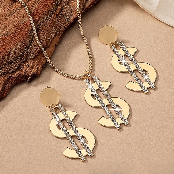 Комплекты из ожерелий и серег-гвоздиков со знаком доллара из сплава и стекла