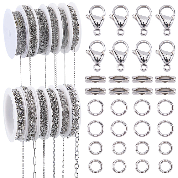 32M 12 Styles 304 Stainless Steel Cable Chains, Unwelded, Flat Oval, with 200Pcs Jump Ring, 30Pcs Lobster Claw Clasps, 10Pcs Ball Chain Connectors and 12Pcs Empty Spools