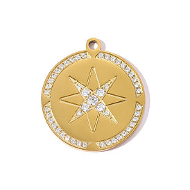 304 микро нержавеющей стали прокладывать Цирконом подвески, плоский круглый со звездными подвесками, зеркальная полировка, ионное покрытие (ip)