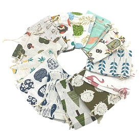 Printed Cotton Imitation Burlap Packing Pouches Drawstring Bags, for Christmas, Wedding Party and DIY Craft Packing